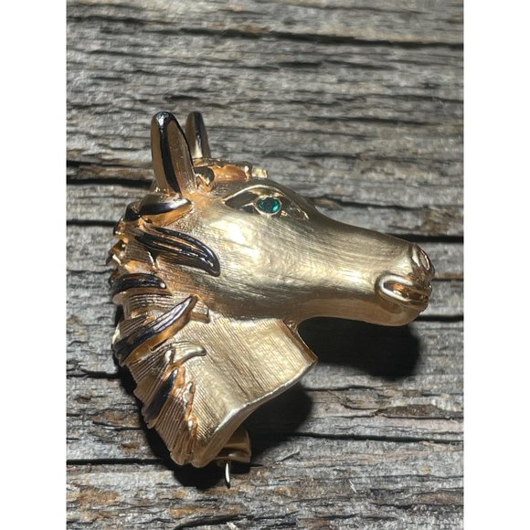 Copper Horse Head Brooch Green Eyed 1”x1” Stallion - Picture 3 of 3